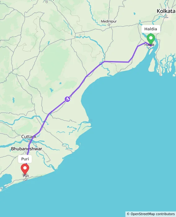 Route map showing distance and travel time from Haldia, India to Puri, India