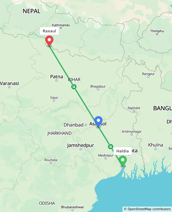 Route map showing distance and travel time from Haldia, India to Raxaul, India
