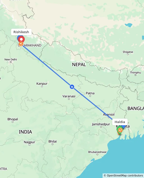 Route map showing distance and travel time from Haldia, India to Rishikesh, India