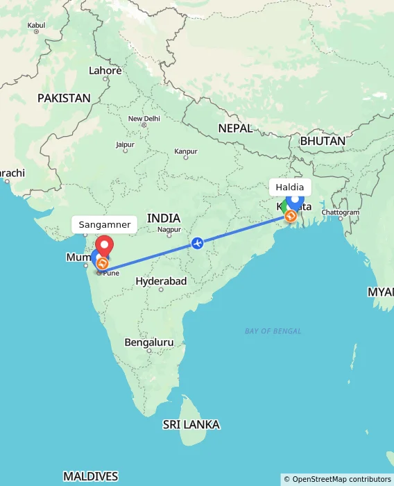 Route map showing distance and travel time from Haldia, India to Sangamner, India