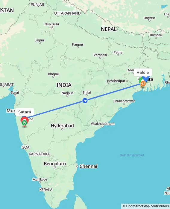 Route map showing distance and travel time from Haldia, India to Satara, India