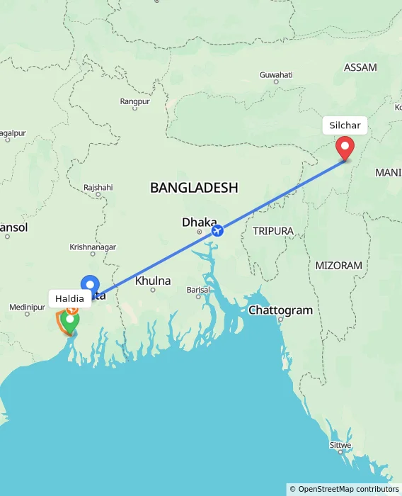 Route map showing distance and travel time from Haldia, India to Silchar, India