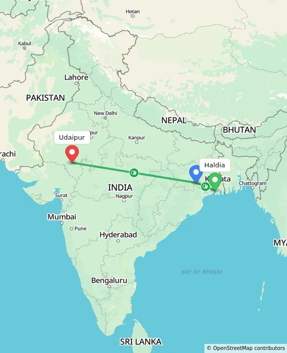 Route map showing distance and travel time from Haldia, India to Udaipur, India