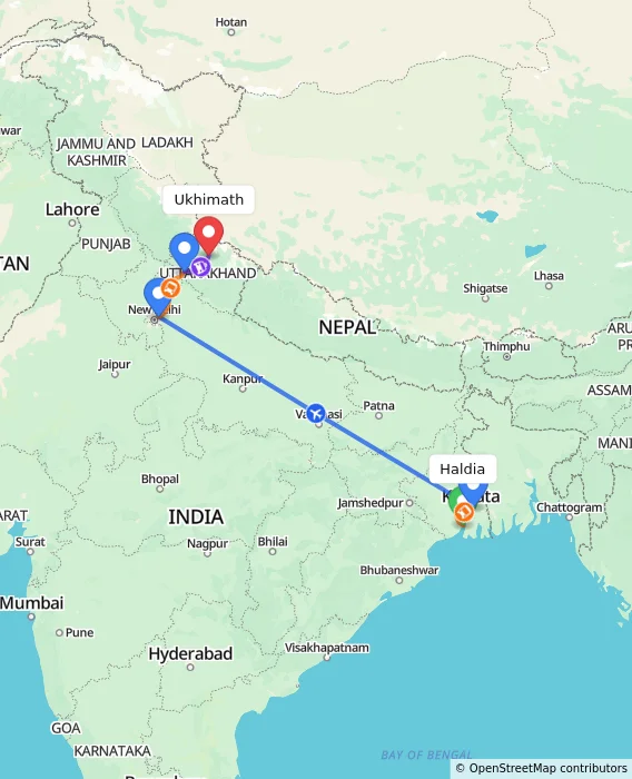 Route map showing distance and travel time from Haldia, India to Ukhimath, India