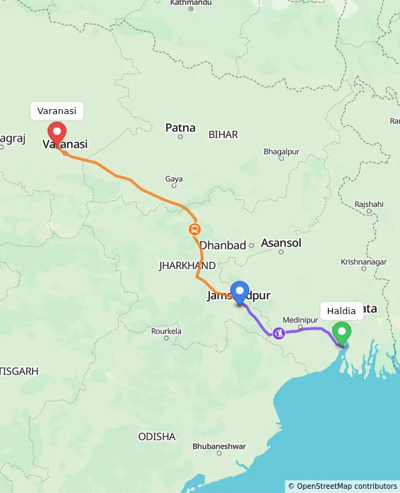 Route map showing distance and travel time from Haldia, India to Varanasi, India