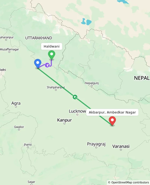 Route map showing distance and travel time from Haldwani, India to Akbarpur, Ambedkar Nagar, India