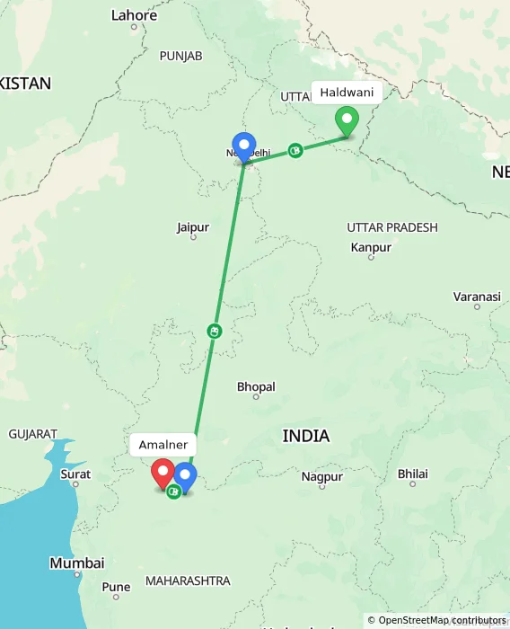 Route map showing distance and travel time from Haldwani, India to Amalner, India