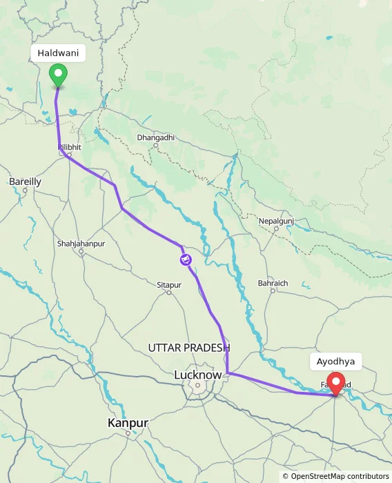 Route map showing distance and travel time from Haldwani, India to Ayodhya, India