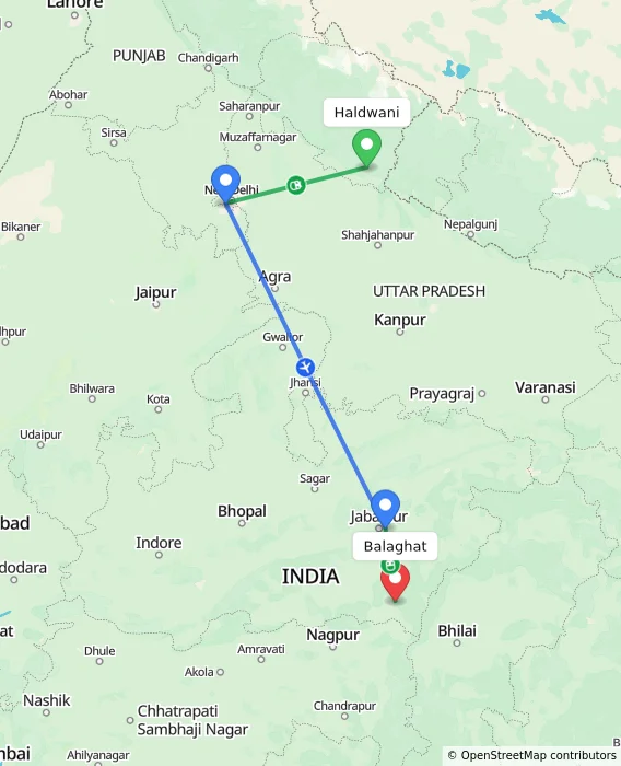 Route map showing distance and travel time from Haldwani, India to Balaghat, India
