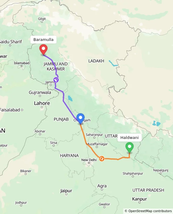 Route map showing distance and travel time from Haldwani, India to Baramulla, India