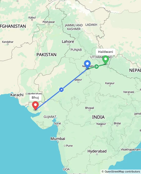 Route map showing distance and travel time from Haldwani, India to Bhuj, India