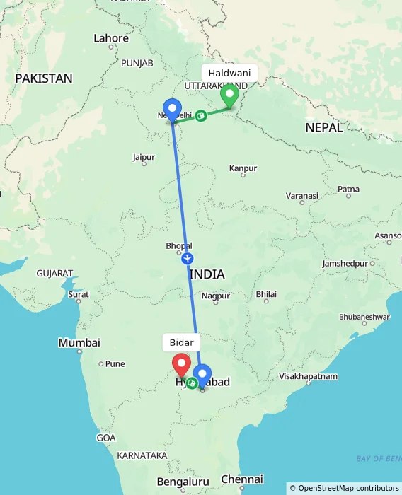 Route map showing distance and travel time from Haldwani, India to Bidar, India