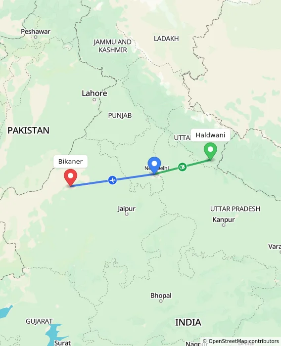 Route map showing distance and travel time from Haldwani, India to Bikaner, India