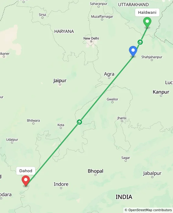 Route map showing distance and travel time from Haldwani, India to Dahod, India