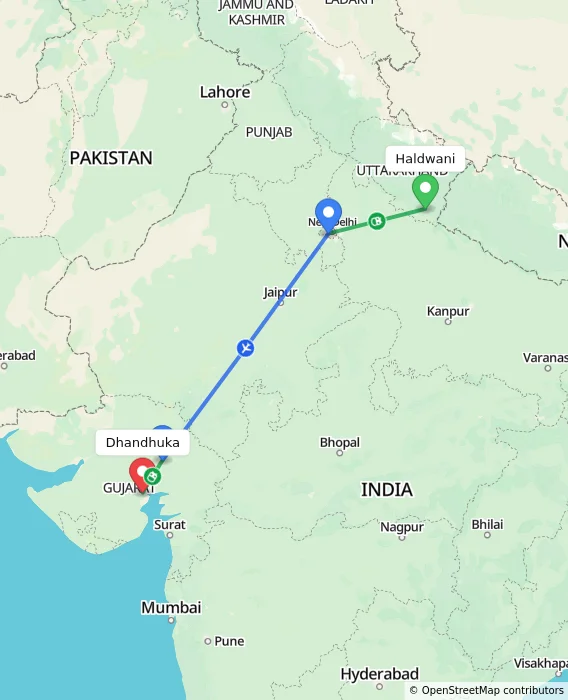 Route map showing distance and travel time from Haldwani, India to Dhandhuka, India