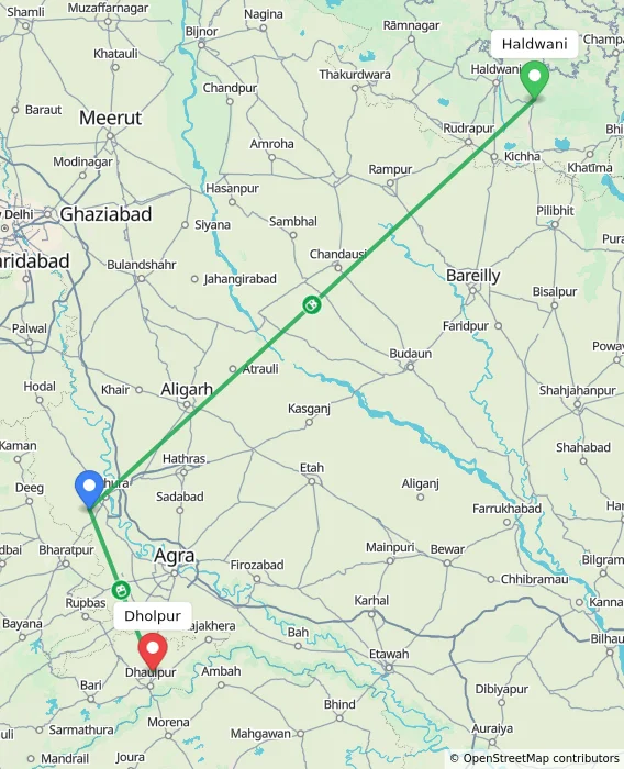 Route map showing distance and travel time from Haldwani, India to Dholpur, India