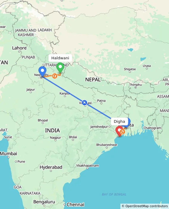 Route map showing distance and travel time from Haldwani, India to Digha, India