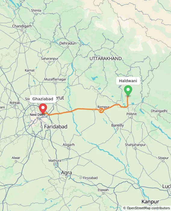 Route map showing distance and travel time from Haldwani, India to Ghaziabad, India