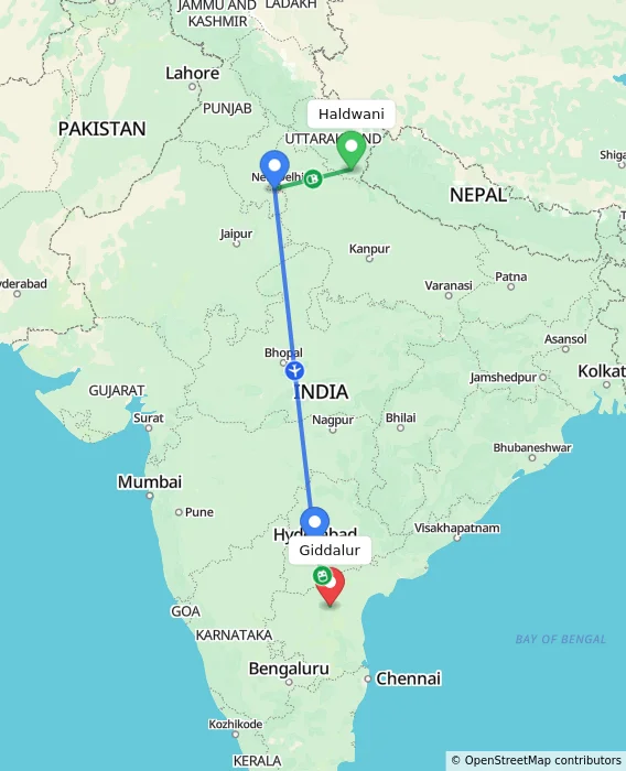 Route map showing distance and travel time from Haldwani, India to Giddalur, India