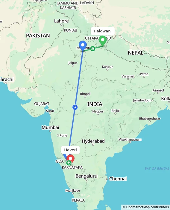 Route map showing distance and travel time from Haldwani, India to Haveri, India
