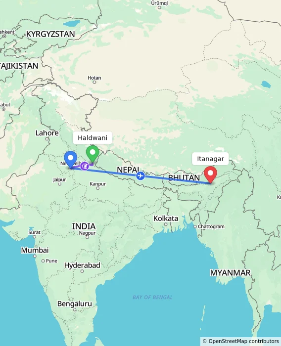 Route map showing distance and travel time from Haldwani, India to Itanagar, India