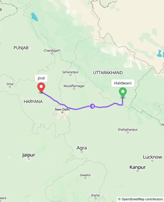 Route map showing distance and travel time from Haldwani, India to Jind, India