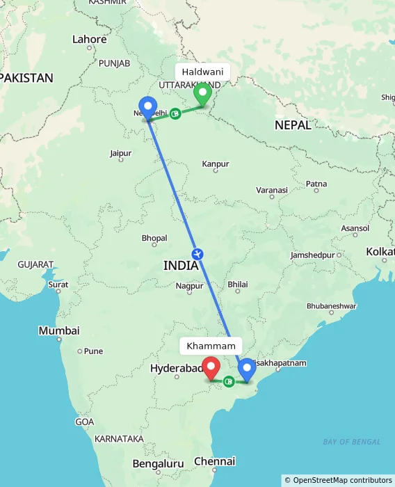 Route map showing distance and travel time from Haldwani, India to Khammam, India
