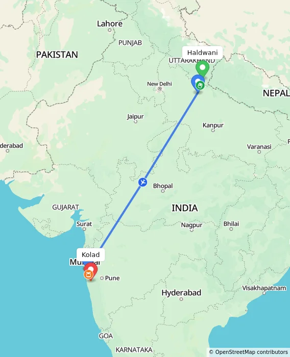 Route map showing distance and travel time from Haldwani, India to Kolad, India