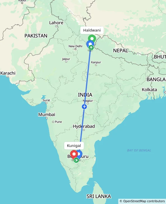 Route map showing distance and travel time from Haldwani, India to Kunigal, India