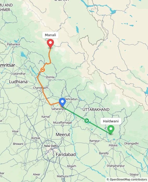 Route map showing distance and travel time from Haldwani, India to Manali, India