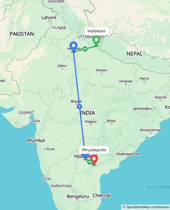 Route map showing distance and travel time from Haldwani, India to Miryalaguda, India