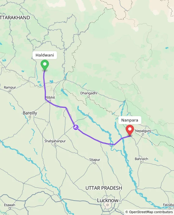 Route map showing distance and travel time from Haldwani, India to Nanpara, India