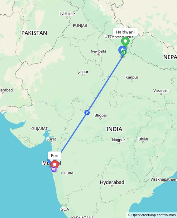 Route map showing distance and travel time from Haldwani, India to Pen, India