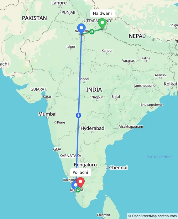 Route map showing distance and travel time from Haldwani, India to Pollachi, India