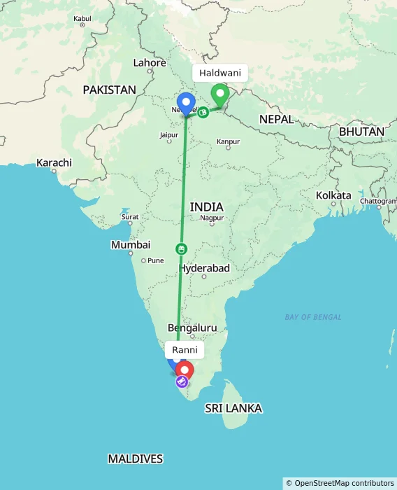 Route map showing distance and travel time from Haldwani, India to Ranni, India