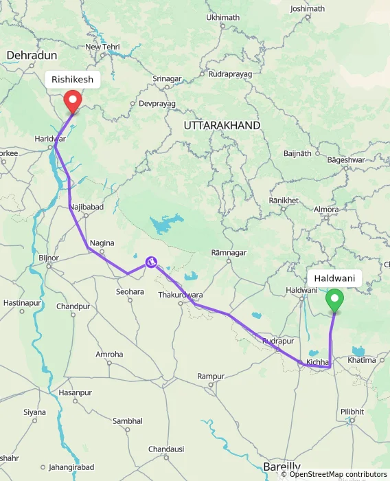 Route map showing distance and travel time from Haldwani, India to Rishikesh, India