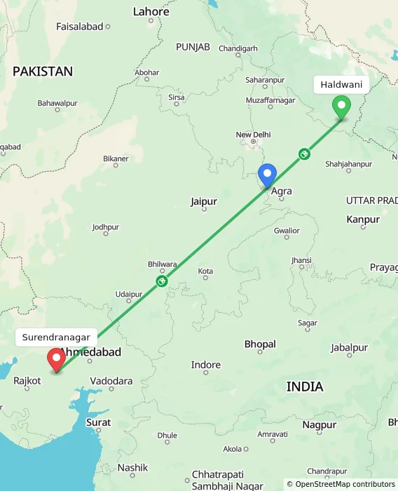 Route map showing distance and travel time from Haldwani, India to Surendranagar, India