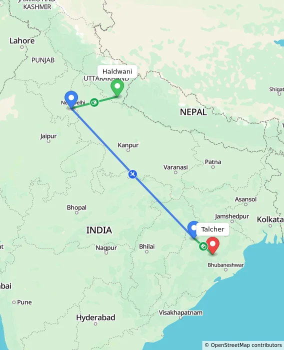 Route map showing distance and travel time from Haldwani, India to Talcher, India