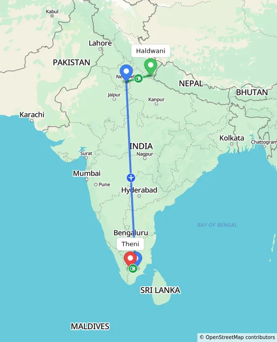 Route map showing distance and travel time from Haldwani, India to Theni, India