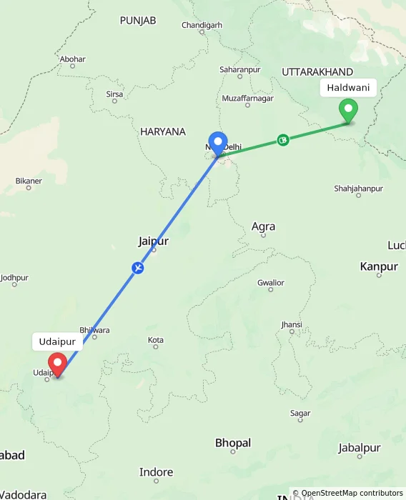 Route map showing distance and travel time from Haldwani, India to Udaipur, India