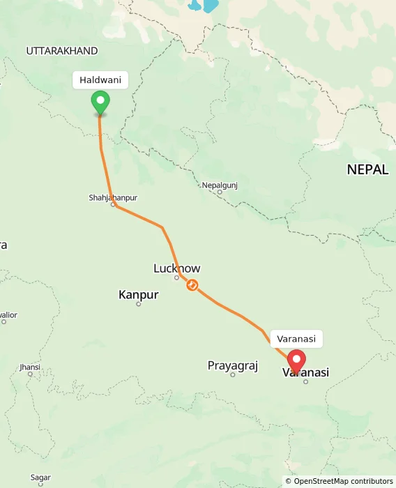 Route map showing distance and travel time from Haldwani, India to Varanasi, India