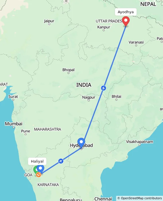 Route map showing distance and travel time from Haliyal, India to Ayodhya, India
