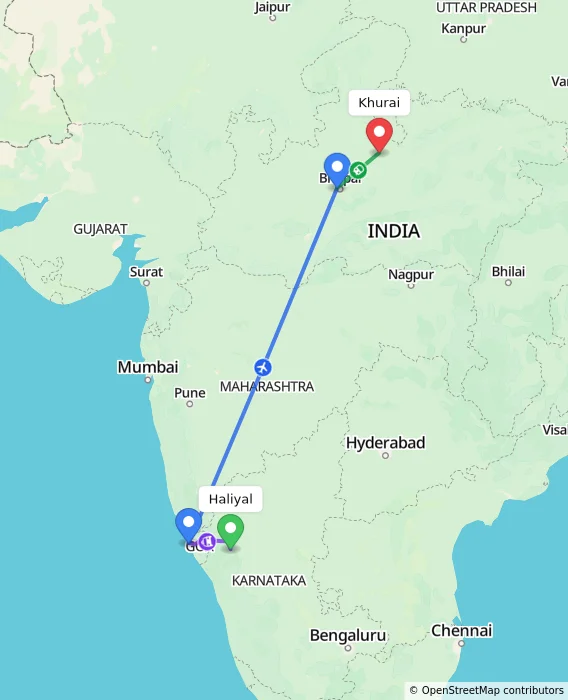 Route map showing distance and travel time from Haliyal, India to Khurai, India