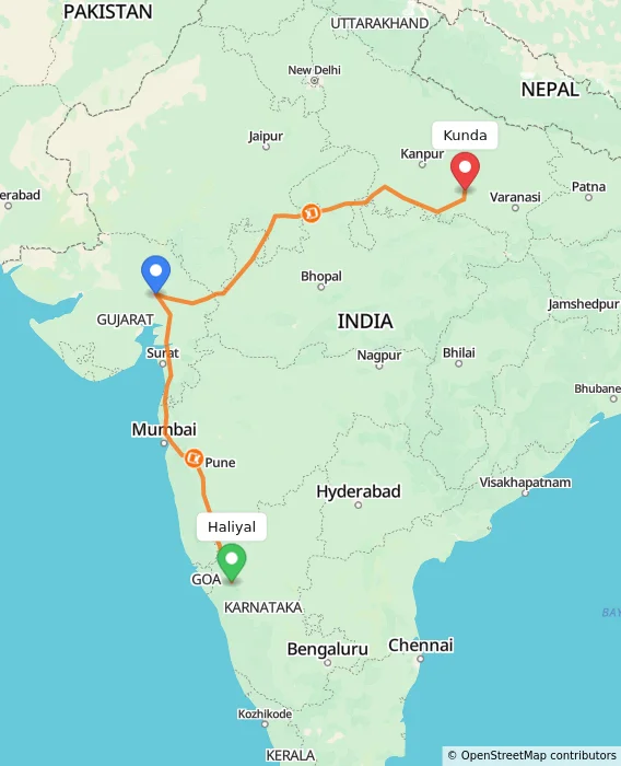 Route map showing distance and travel time from Haliyal, India to Kunda, India