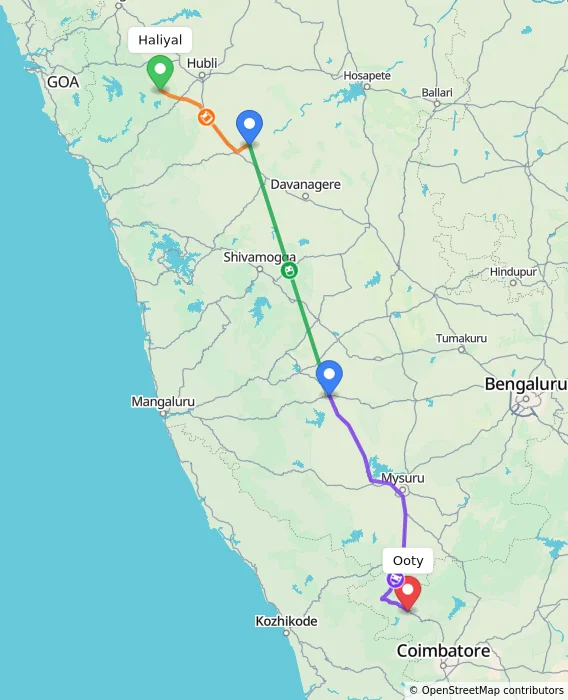 Route map showing distance and travel time from Haliyal, India to Ooty, India