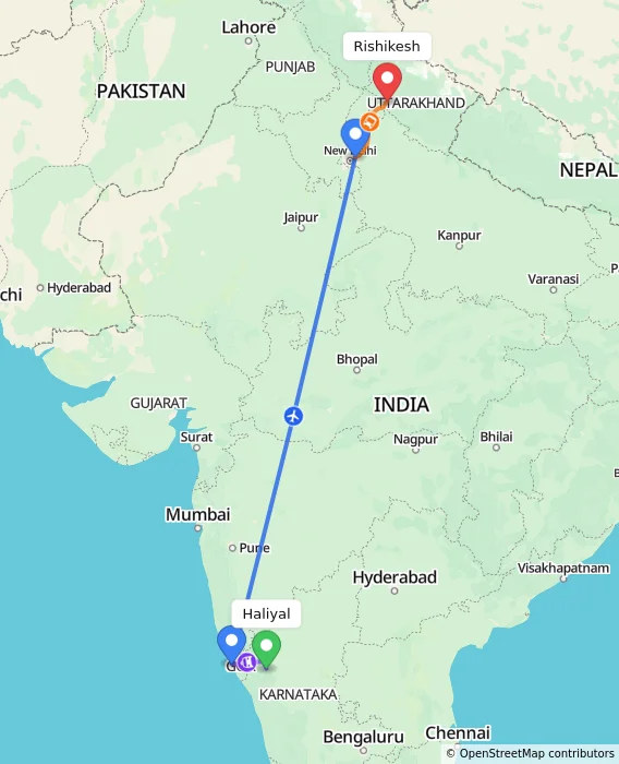 Route map showing distance and travel time from Haliyal, India to Rishikesh, India