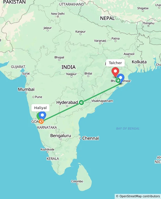 Route map showing distance and travel time from Haliyal, India to Talcher, India