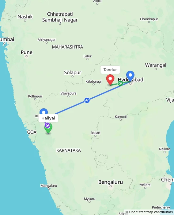 Route map showing distance and travel time from Haliyal, India to Tandur, India