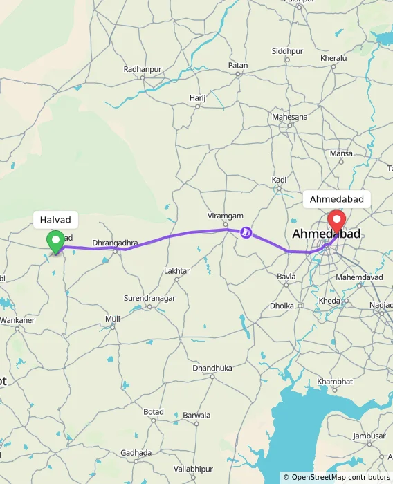 Route map showing distance and travel time from Halvad, India to Ahmedabad, India