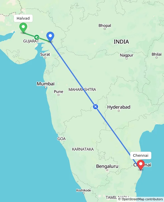 Route map showing distance and travel time from Halvad, India to Chennai, India